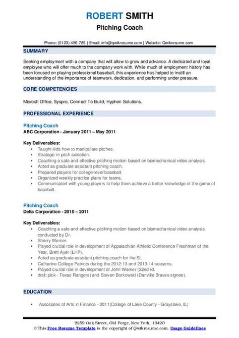 Pitching Coach Resume Samples | QwikResume