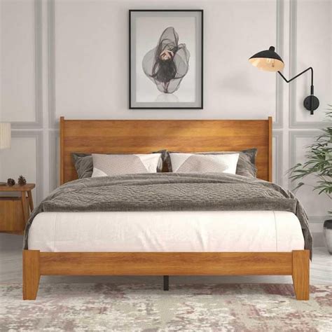 GALANO Abby Retro Amber Walnut Wood Frame Queen Platform Bed With ...