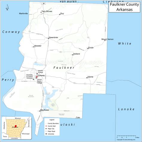 Map of Faulkner County, Arkansas showing cities, highways & important ...