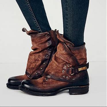 Women's Rocker Style Biker Boots - Rugged Worn Look / Brown