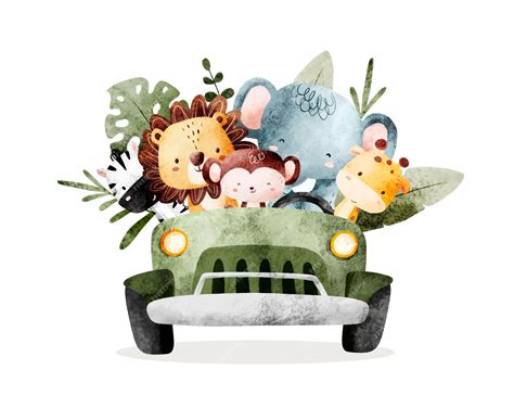 Premium Vector | Baby safari animals in car