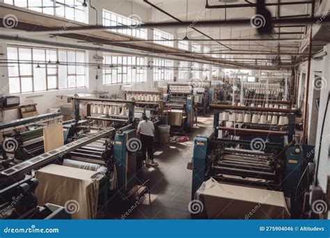 Interior of Textile Factory, with Machinery and Workers at Their ...