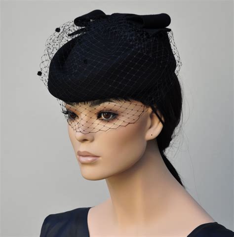 Women's Black Pillbox Hat, Black Felt Veil Hat, Church Hat, Ladies ...