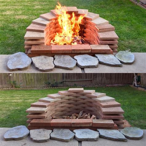 Backyard fire pit built with spare square bricks | Fire pit patio, Fire ...