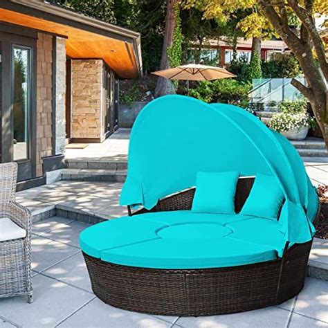 Tangkula Patio Round Daybed with Retractable Canopy, Outdoor Wicker ...