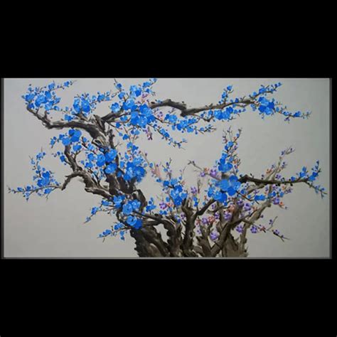 Hand painted blue plum blossom flower tree oil painting on canvas home wall decoration art ...