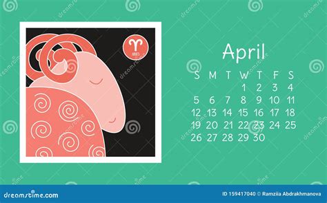 April 2020. Calendar. Zodiac Sign: Aries. Vector Horoscope ...