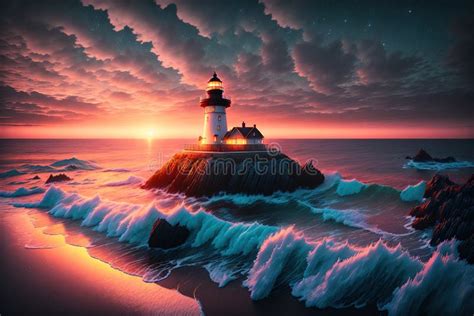 Beautiful Lighthouse Adorned Nighttime Seascape with a Gloomy Sky at Sunset by AI Generated ...