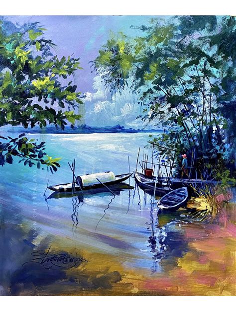 Boat on The Lake | Acrylic Painting | Exotic India Art