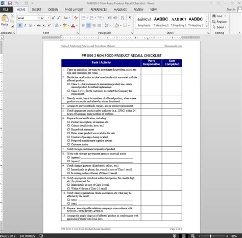 Non Food Product Recall Checklist Template