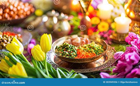 Vibrant Nowruz Celebration with Traditional Haft-Seen Table Stock Photo - Image of pastries ...