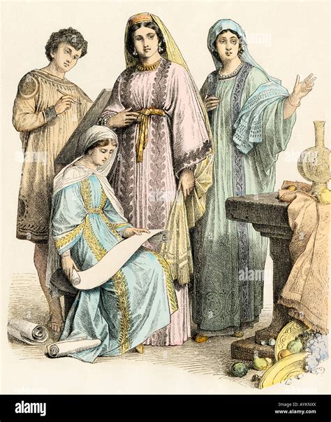 Early Christians reading a scroll in the time of the Roman Empire. Hand-colored print Stock ...