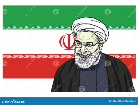 Hassan Rouhani Vector Portrait Drawing Cartoon Caricature Illustration with Flag of Iran ...