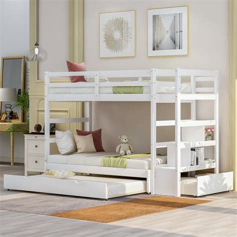 Kid's Bunk Bed with Trundle, Twin-Over-Twin Bunk Bed for Kids, Space ...