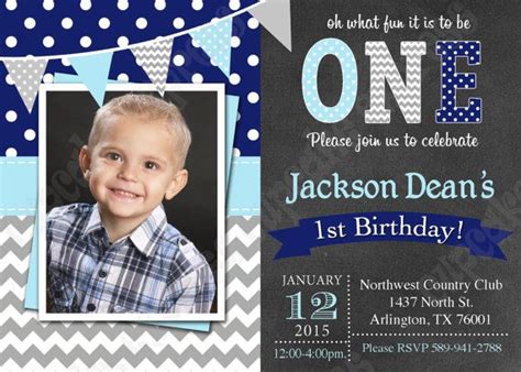 One First Birthday BOY grey navy blue PRINTABLE chalkboard Invitation #2 chevron polka dot 1st ...