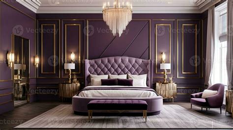 purple and gold bedroom with a purple bed and purple chairs. generative ...