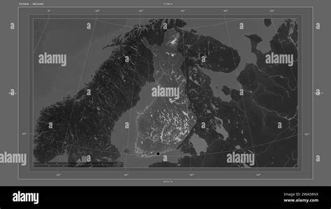 Finland highlighted on a Grayscale elevation map with lakes and rivers map with the country's ...
