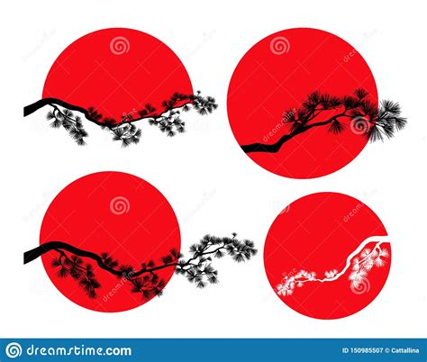 Red Sun and Pine Tree Branch Vector Design Set Stock Vector - Illustration of round, simple ...