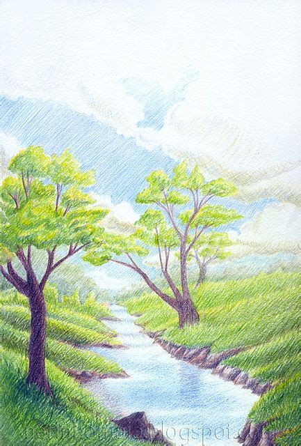 Colorful Landscape Drawing with Colored Pencils