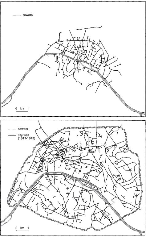 Paris sewer network in 1837 (up) and Paris sewer network between 1856 ...