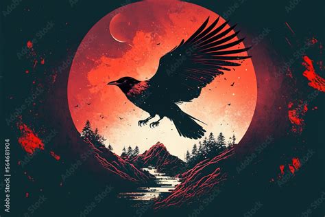 4K Crow Wallpaper with red moon background Stock Illustration | Adobe Stock