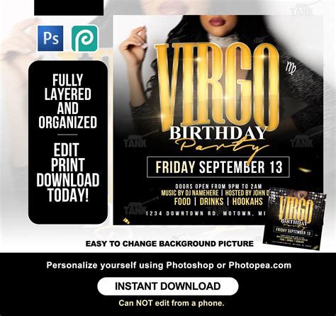 Virgo Birthday Party Flyer, Virgo Bash Party PSD Flyer Fully Editable Photopea PHOTOSHOP ...