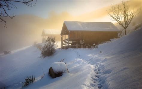 Log cabin on winter stock image. Image of building, chalet - 64882419