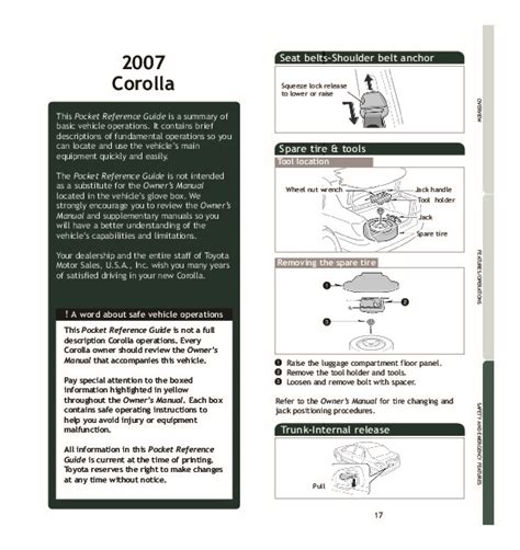 2007 Toyota Corolla Quick Reference Owners Guide