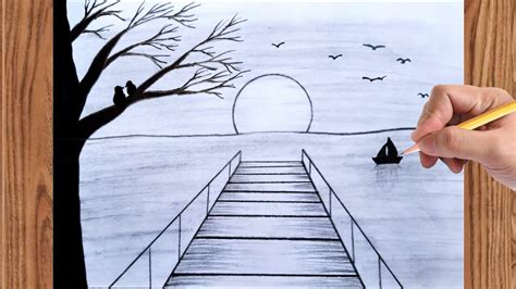 beautiful Drawing of Nature | How to draw sketch Of Nature Pencil Drawing | Bird Couple Bridge ...