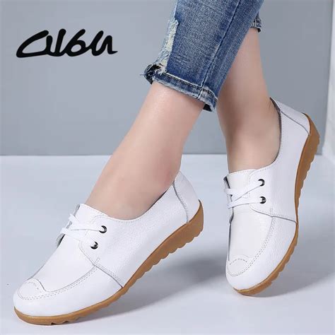 O16U Women Casual Shoes Genuine Leather Lace up Moccains Round Toe Rubber Sole Boat Shoes Flats ...