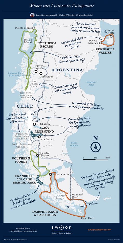 Map showing where you can cruise in Patagonia. Access areas of Patagonia's rugged landscape that ...