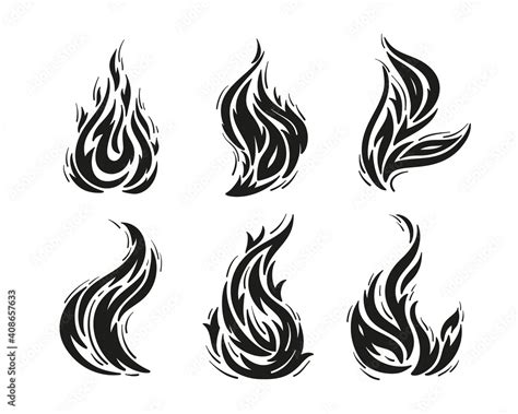 Vector Set of Fire Flame Silhouettes. Black and White Fire Flames Tattoo Icons Drawing Stock ...