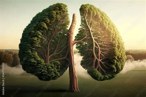 Beautiful tree growing with a shape as human lungs in a beautiful natural landscape. Generative ...