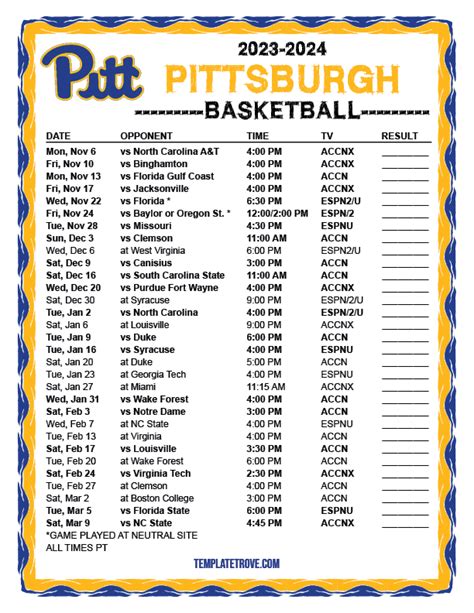 Printable 2023-2024 Pittsburgh Panthers Basketball Schedule