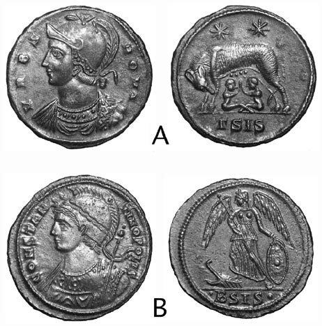 Regular bronze coins introduced by Constantine I in 330. A: Rome type ...