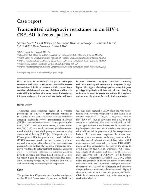 (PDF) Transmitted Raltegravir Resistance in An HIV-1 Crf_Ag-Infected Patient