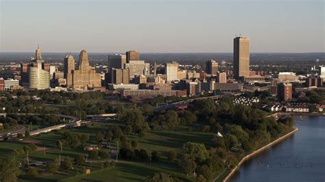 5.7K stock footage aerial video of the city's skyline at sunset, Downtown Buffalo, New York ...