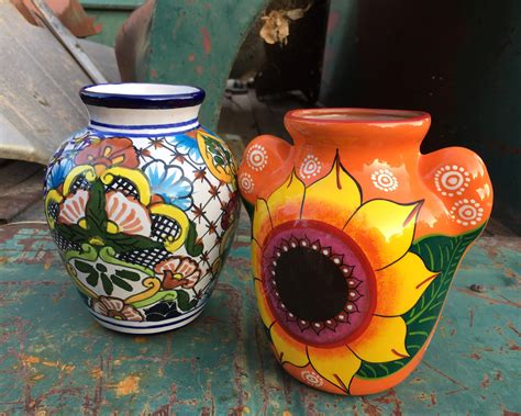 Mexican Pottery Vase with Sunflower Orange Decor, Mexican Folk Art Pottery, Southwestern Decor