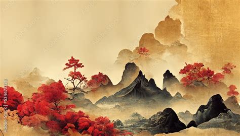 Chinese and Japanese oriental painting with golden texture. Golden wavy background in oriental ...