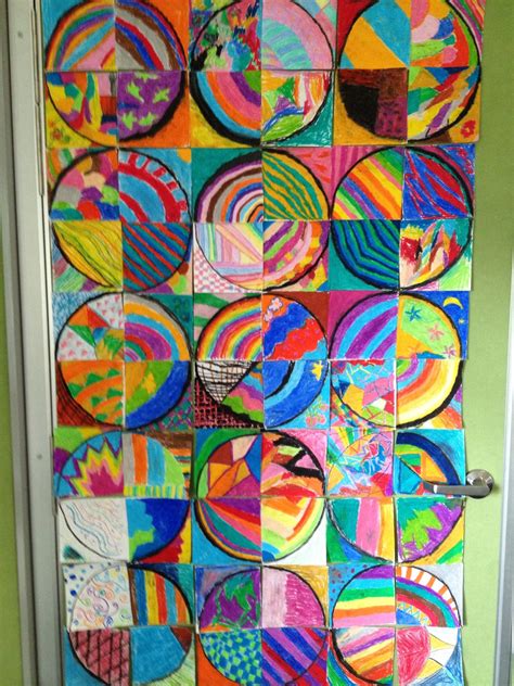 Circle square art makes a great patchwork door work. Done in oil pastels | Collaborative art ...