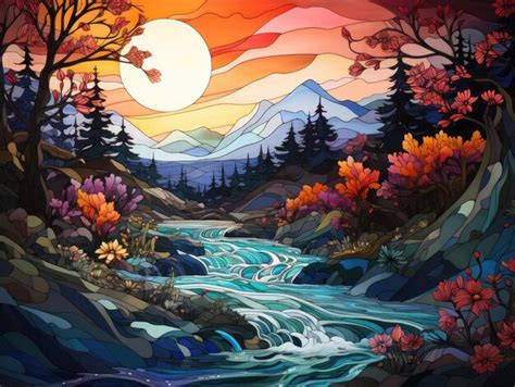 Premium AI Image | A painting of a river with mountains and trees.