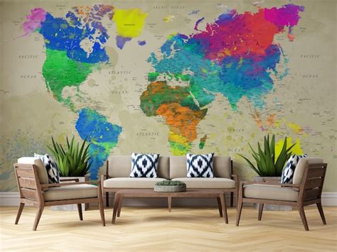 Customized Large World Map Wall Decal World Map Wallpaper World Map Mural, Peel and Stick ...