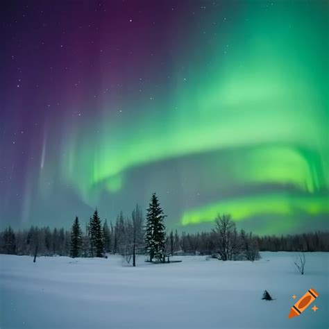 Northern lights over snowy landscape