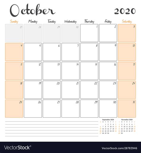 October 2020 monthly calendar planner printable Vector Image