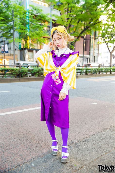 Purple & Yellow Harajuku Street Style w/ Hair Bow, Vintage Striped Top ...