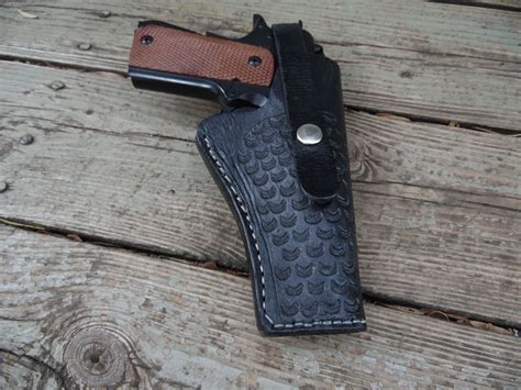 Western Gun Holster#59 - Black - Tooled Leather - for 1911 Colt, Springfield, Kimber, TISAS, and ...