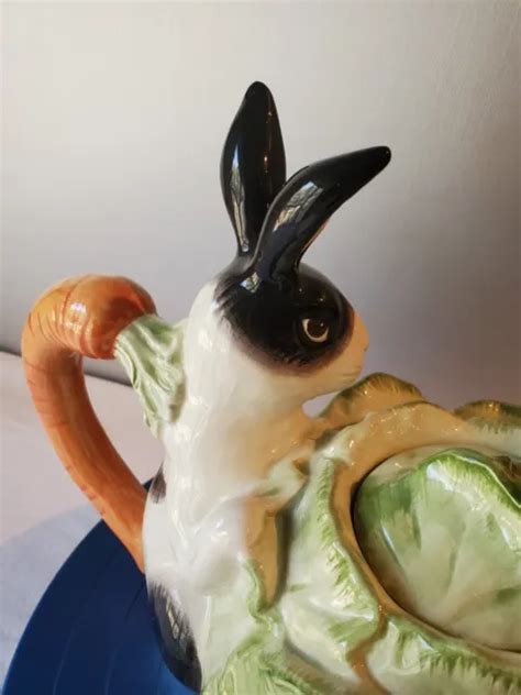 FITZ & FLOYD Kensington Rabbit Cabbage Ceramic Teapot Carrot Handle- Easter $38.99 - PicClick