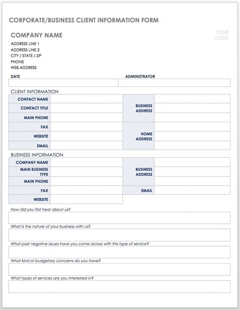 Free Free Client Information Forms & Templates Smartsheet Company ...