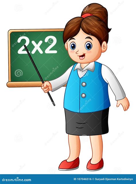 Cartoon Female Teacher Pointing on Blackboard the Lesson of Mathematics ...