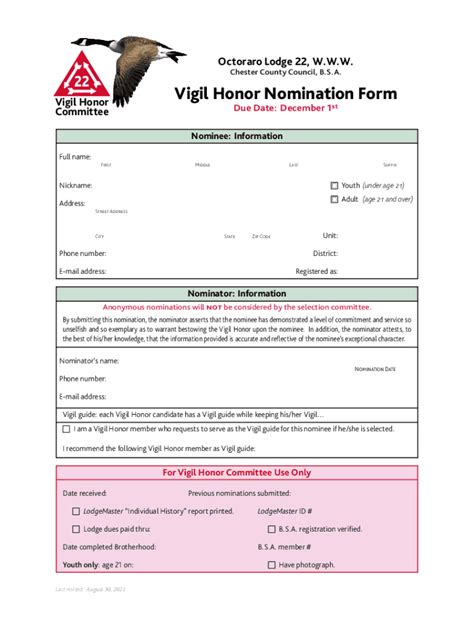 Fillable Online Vigil Honor Nomination Form. Fillable version of Vigil ...